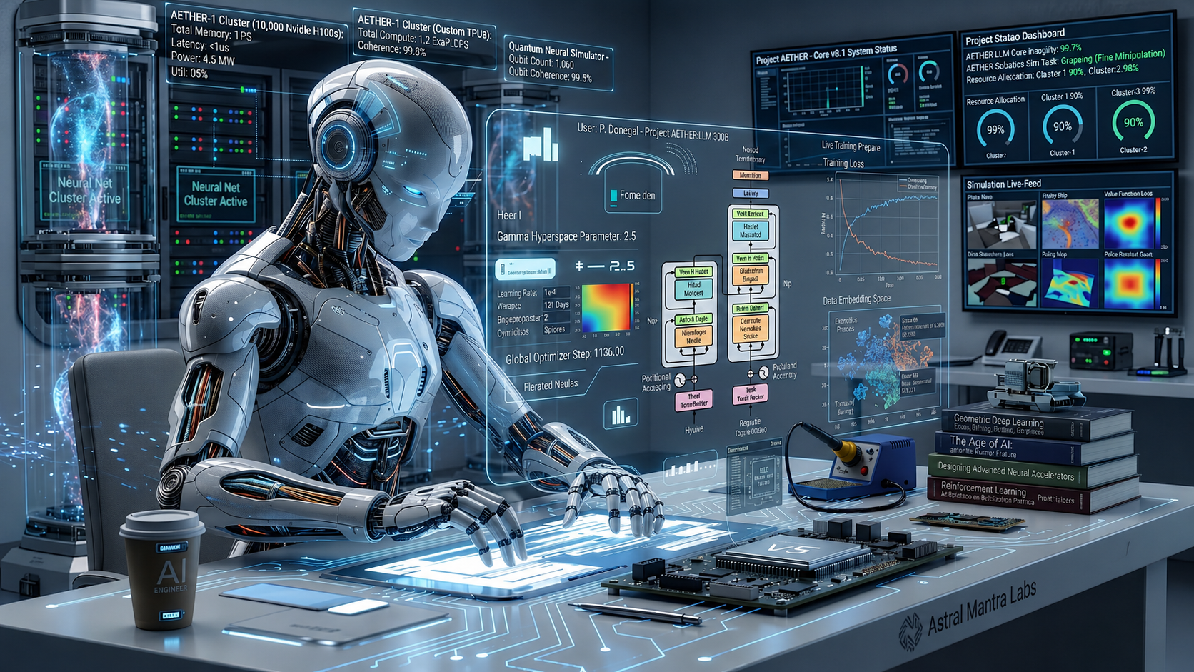 AI Engineer at work — neural net cluster & live training dashboards